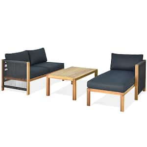 Black 3-Piece Acacia Wood Patio Conversation Set Sofa with Dark Grey Cushions