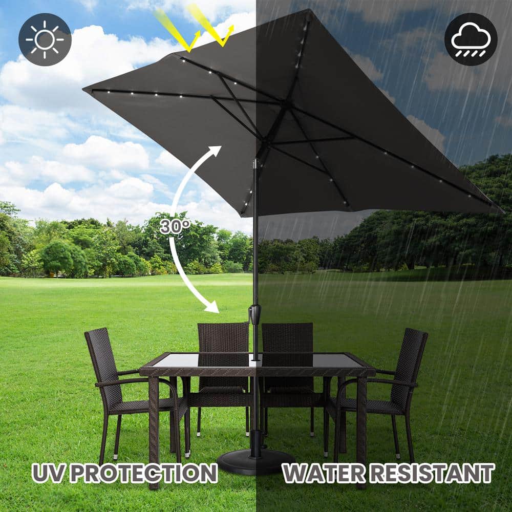 Gray Rectangular Steel Solar LED Patio Umbrella with Hand Crank