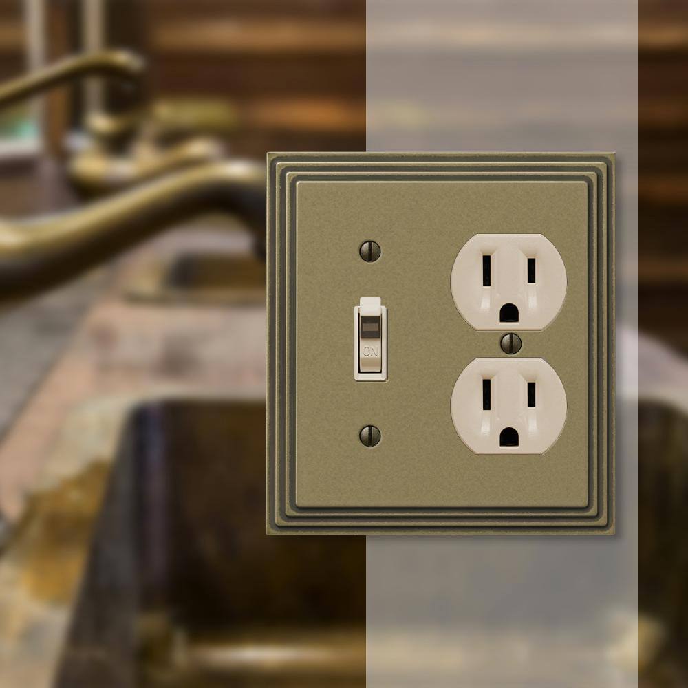 Rustic Brass 2-Gang Metal Wall Plate with Toggle and Duplex