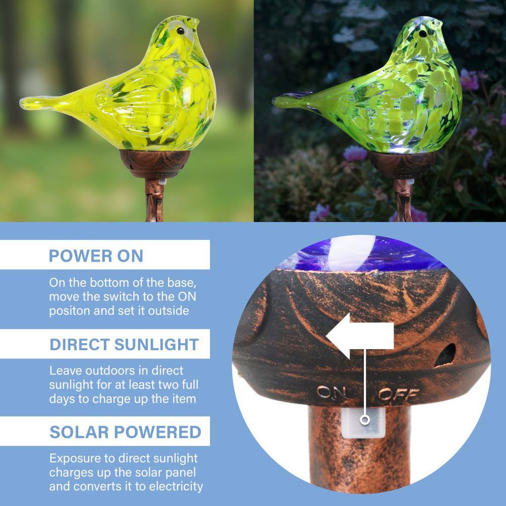 Yellow Hand Blown Glass Bird Solar Garden Stake
