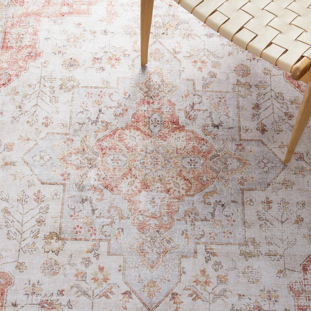 Elegant 5' Square Light Grey & Rust Synthetic Area Rug