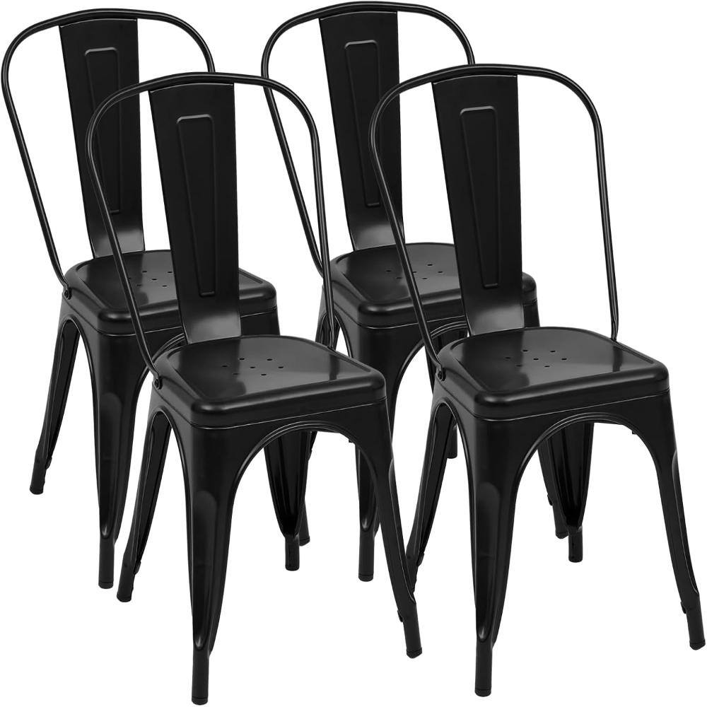 A set of four black metal dining chairs against a white background.