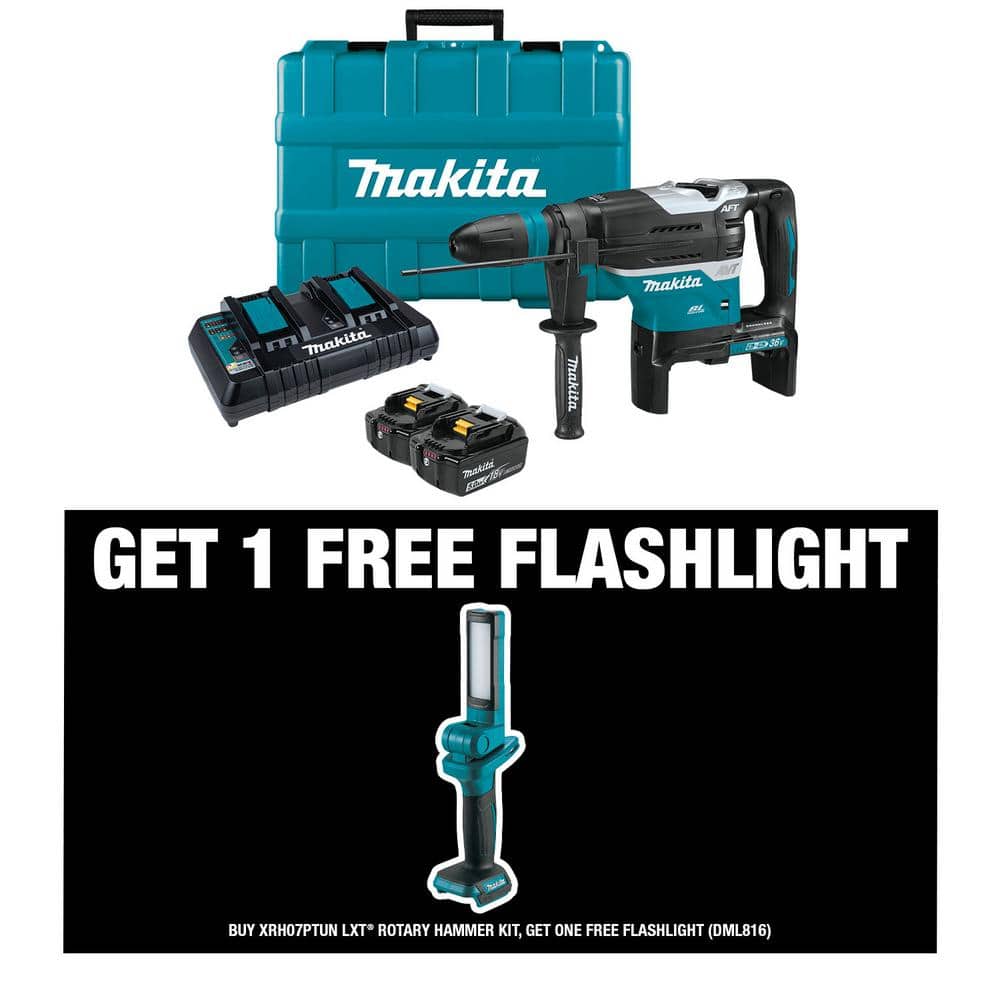 Makita 18V X2 1-9/16 in. LXT Lithium-Ion (36V) Brushless AVT Rotary Hammer Kit (5.0Ah) AFT AWS w/bonus 18V LXT LED Flashlight -  XRH07PTUNDML816