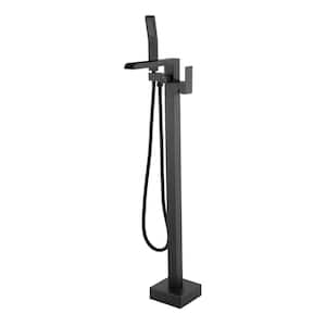 1-Handle Freestanding Floor Mount Tub Faucet Bathtub Filler with Hand Shower Waterfall in Matte Black