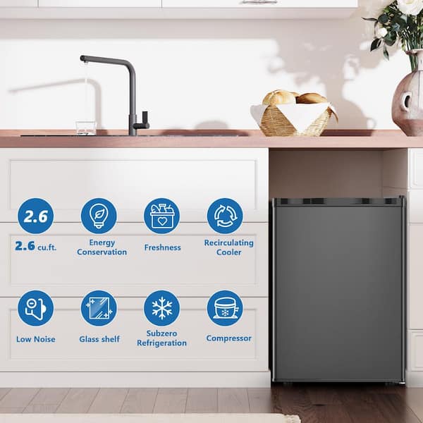 17.52 in. 2.6 cu. ft. Mini Refrigerator with Freezer, Removable Glass Shelf, Reversible Door in Black