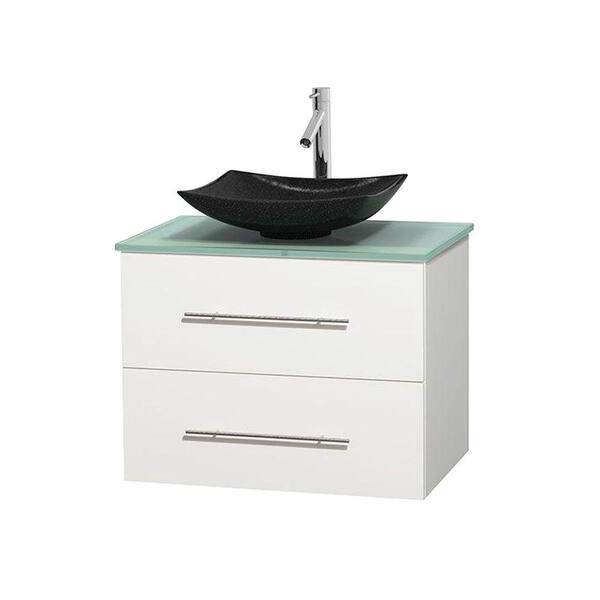 Wyndham Collection Centra 30 in. Vanity in White with Glass Vanity Top in Green and Black Granite Sink