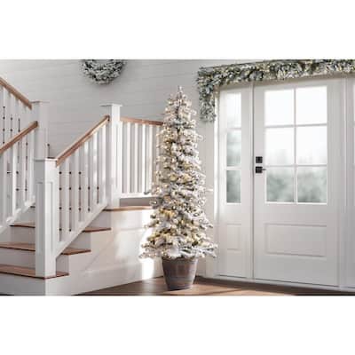 6.5 ft Risch Pine Potted Flocked LED Pre-Lit Artificial Christmas Tree with 400 Warm White Mini Lights