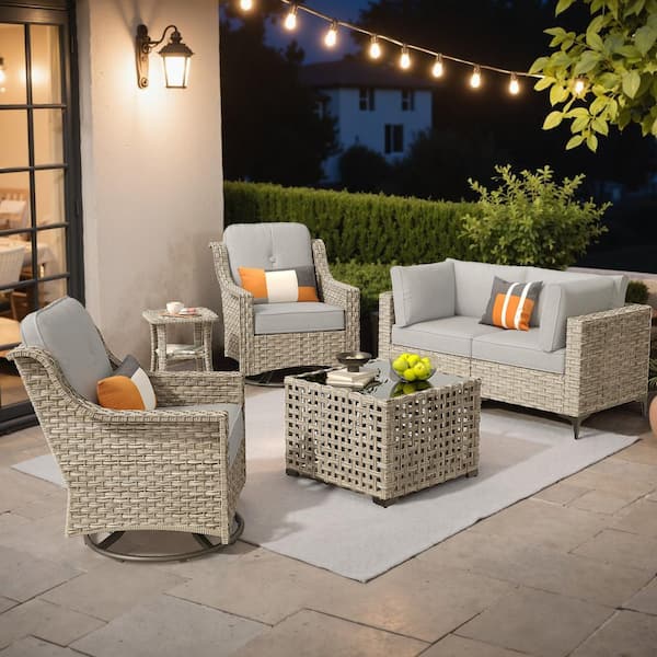 XIZZI Zephyr 6 Pieces Wicker Outdoor Rocking Chair Set with Grey Cushions