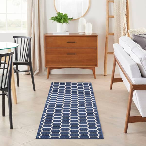 Reversible Indoor Outdoor Navy 2 ft. x 6 ft. Honeycomb Contemporary Runner Area Rug