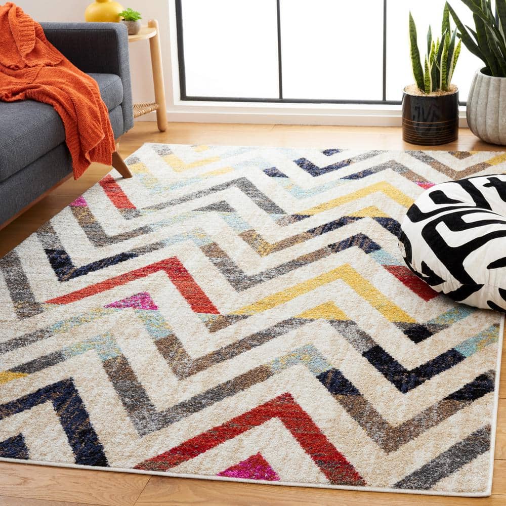 Ivory Multicolor Chevron Pattern Synthetic Area Rug