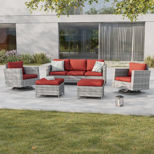 Sonkuki 5-Piece Patio Conversation Set Gray Wicker with Swivel Rocking Chair and Rust Red Thickening Cushions