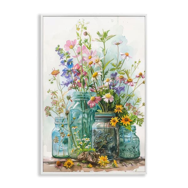 Stupell Industries Bright Garden Blooms Jars by Franklyn Gregory White Framed Nature Giclee Art Print 18 in. x 12 in.