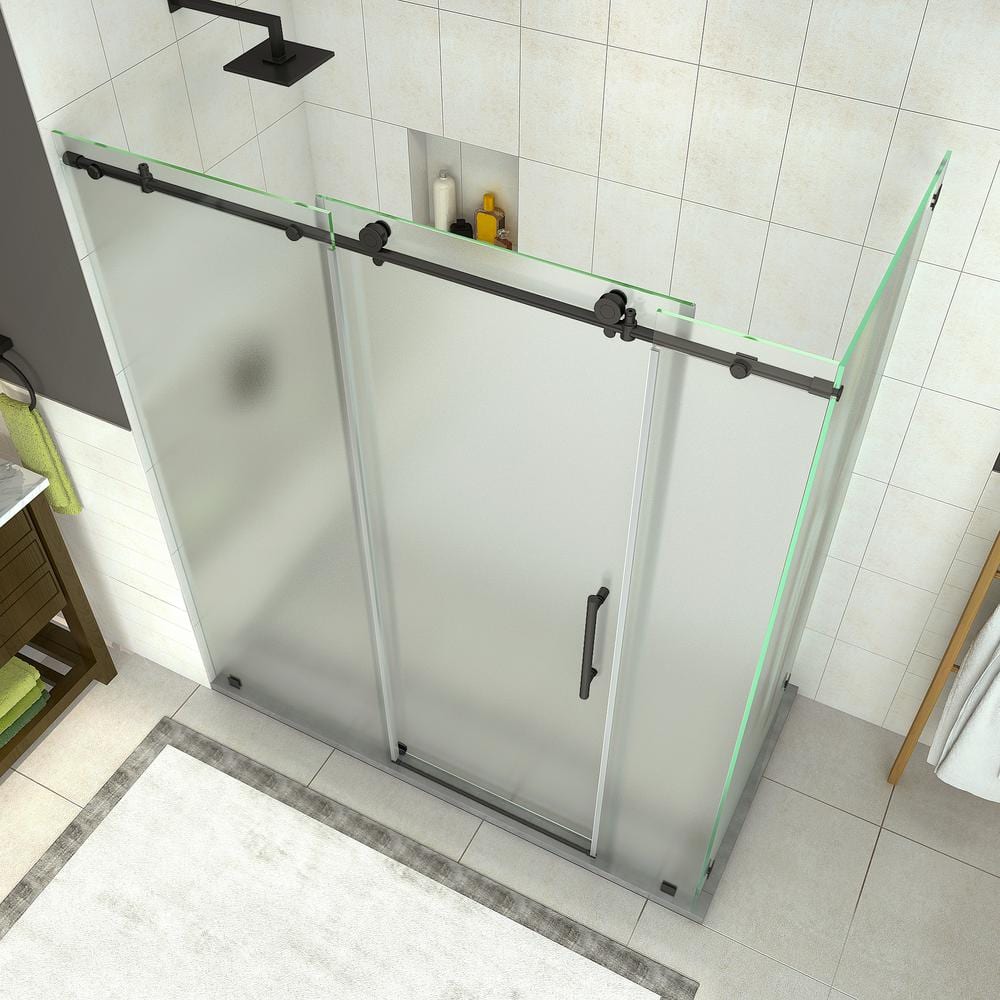 Coraline Matte Black Frameless Sliding Shower Door with Frosted Glass