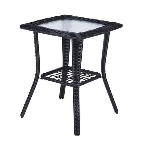 AOPSPS Outdoor Wicker Side Table Rattan End Table with Glass Top Patio Coffee Bistro Table in Brown