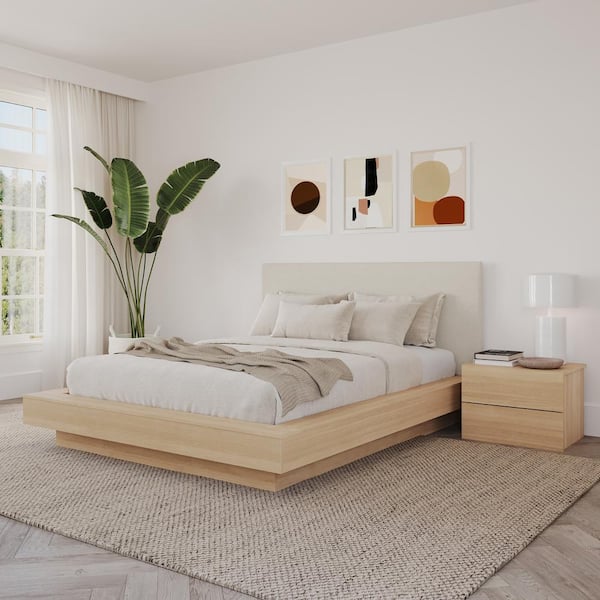 Marko 3-Piece Natural Blonde Oak Wood Queen Size Bedroom Set with Upholstered Headboard