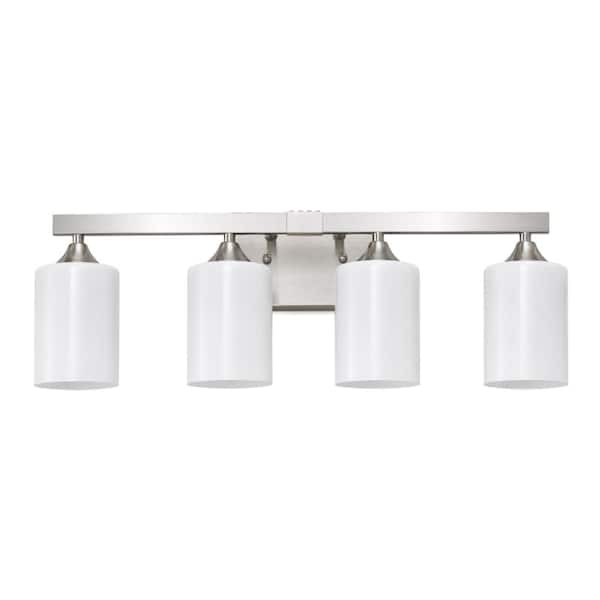 4-Light Brushed Nickel Transitional Bathroom Vanity Light with Milk White Glass Shades