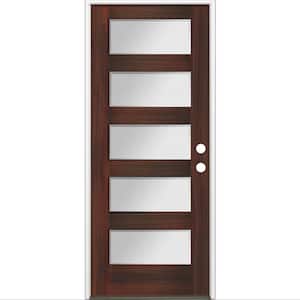 36 in. x 80 in. Modern Douglas Fir 5-Lite Left-Hand/Inswing Frosted Glass Red Mahogany Stain Wood Prehung Front Door