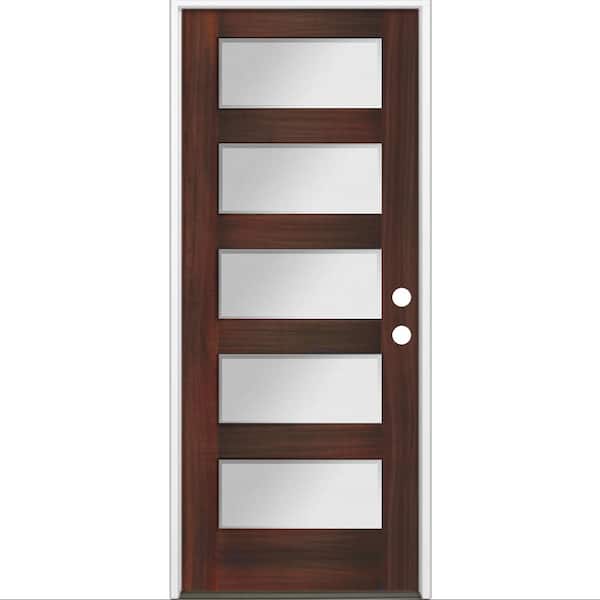 Krosswood Doors 36 in. x 80 in. Modern Douglas Fir 5-Lite Left-Hand/Inswing Frosted Glass Red Mahogany Stain Wood Prehung Front Door