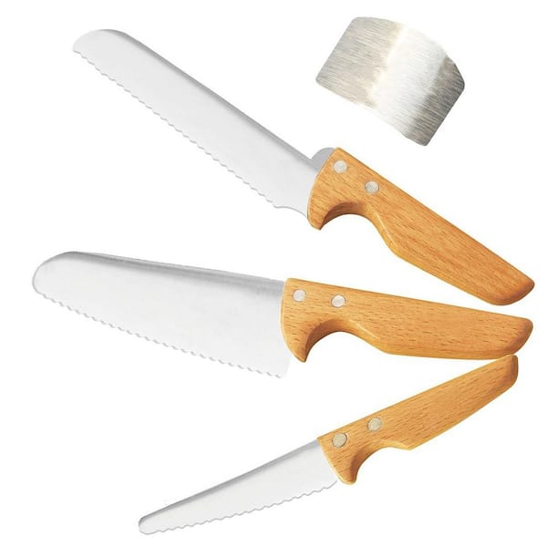 Numhew 4-Piece Stainless Steel Kids Kitchen Cutting Knife Set with Finger Guard for Real Cooking