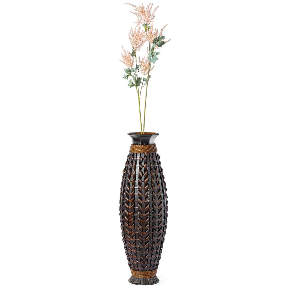Tall Black Bamboo Floor Vase with Wicker Woven Design, 39 Inches High