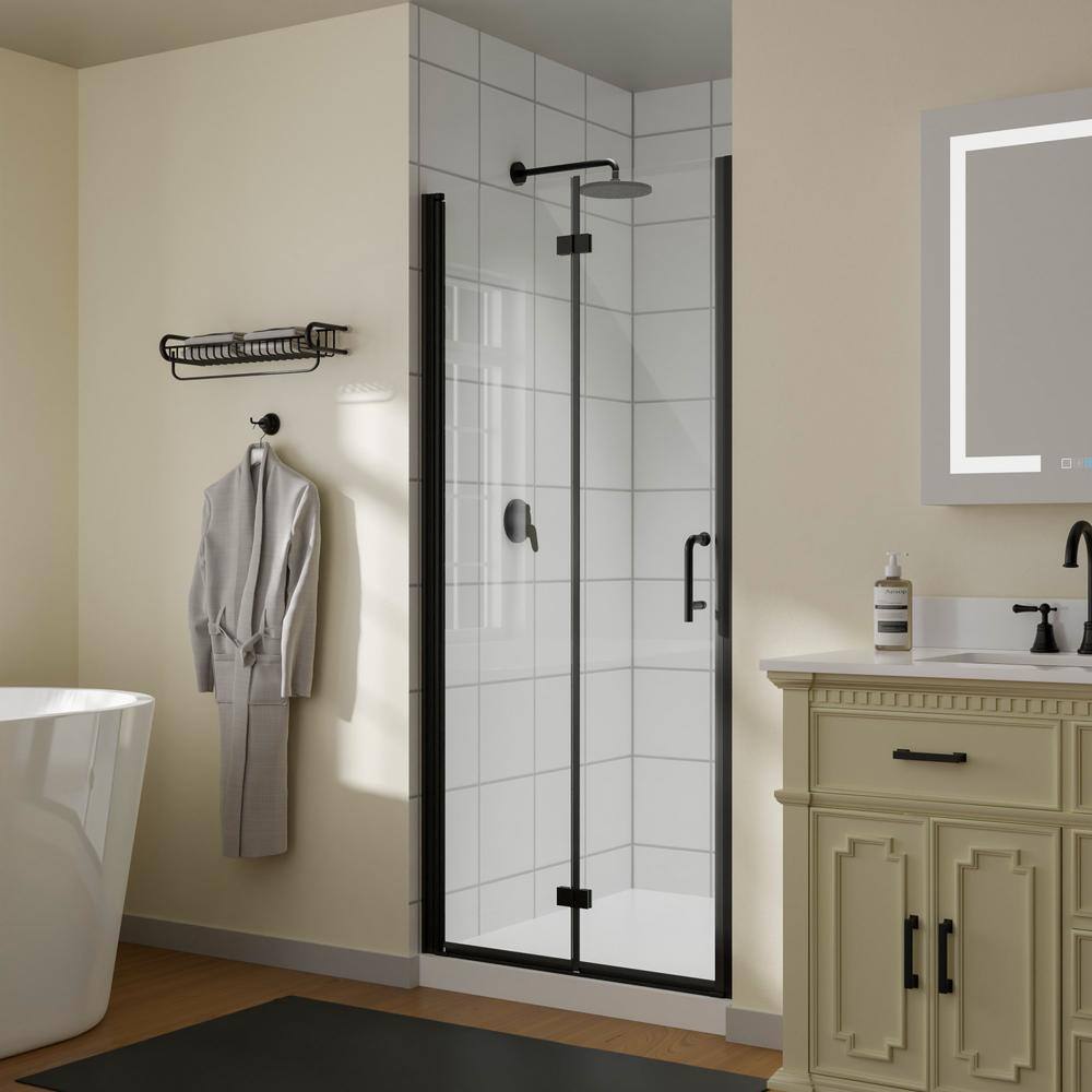 stufurhome Loned 34 in. x 72 in. Frameless Pivot Folding Glass Panel Shower Door in Matte Black ...