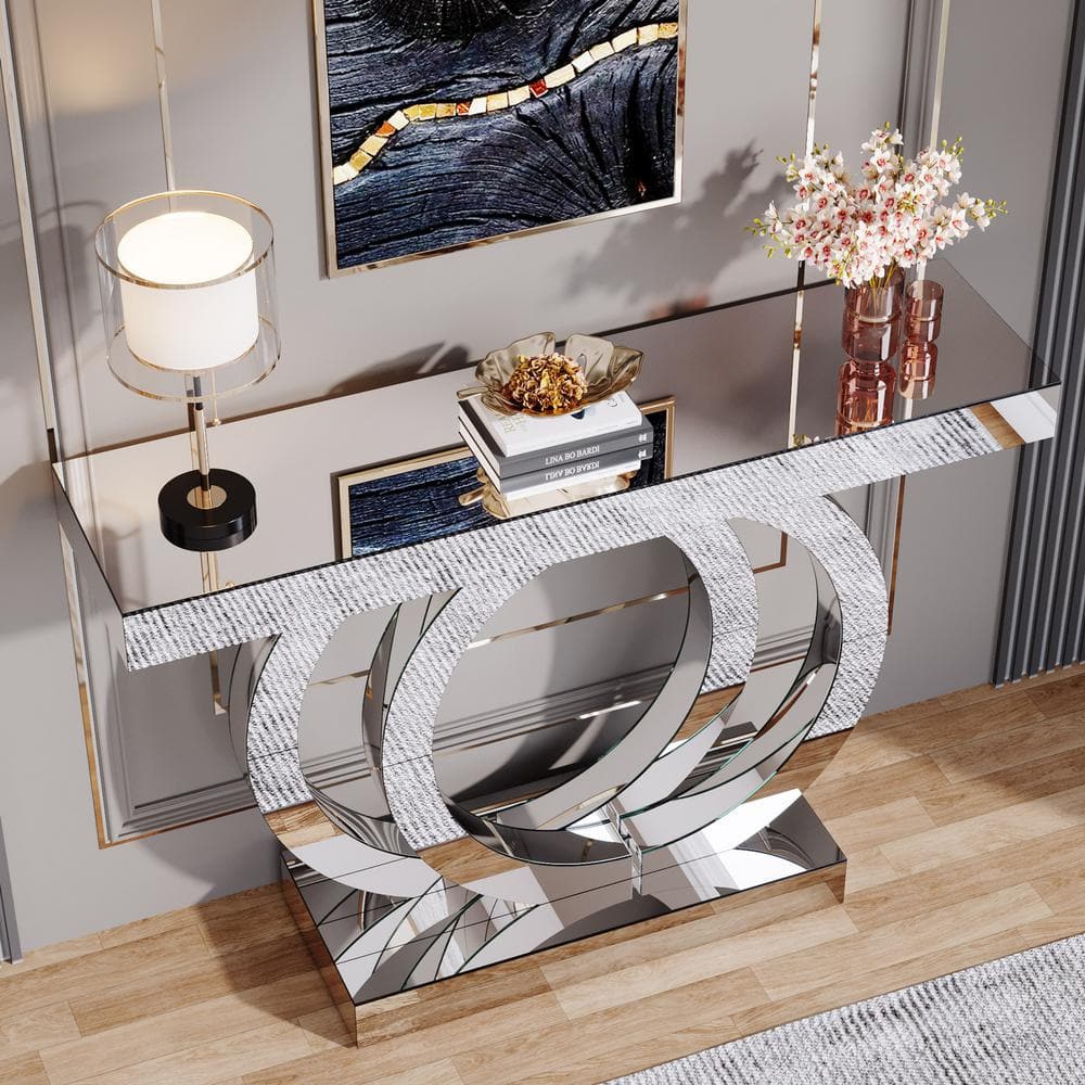 Silver Mirrored Glass Console Table with Crystal Inlays, 43-Inch