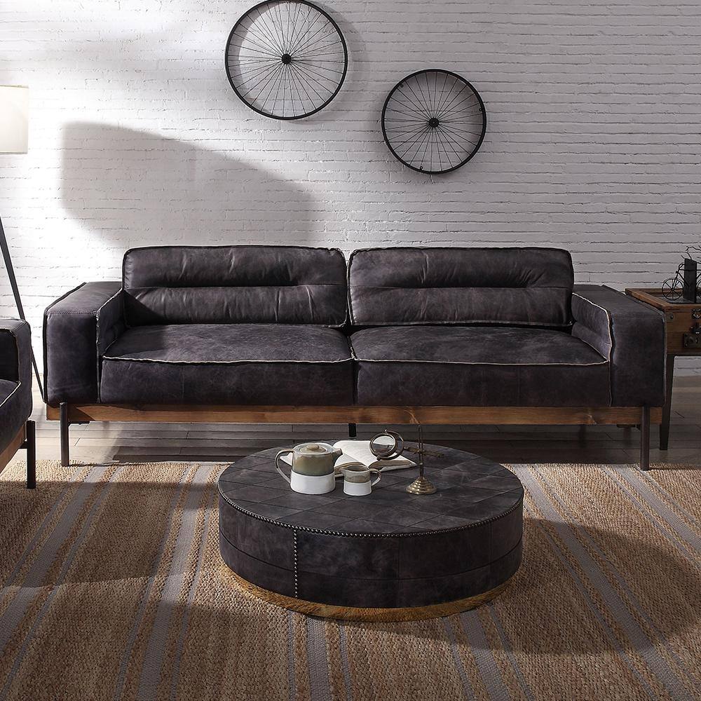 Antique Ebony Leather Sofa with Wooden Trim and Track Arms