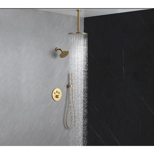 Luxury Single Handle 2-Spray Shower Faucet 1.8 GPM with 12 in. Rainfall Head and Temp Balanced Valve in Brushed Gold