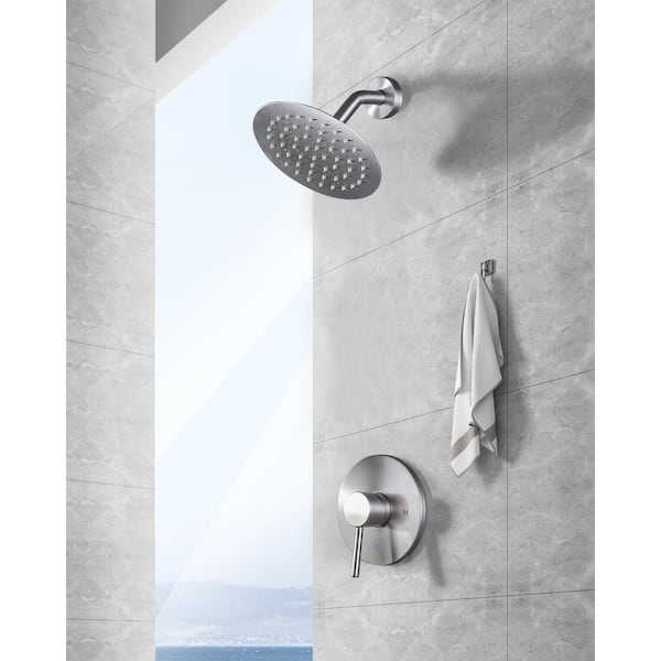 Round 1-Spray Patterns with 1.8 GPM 8 in. Wall Mount Rain Fixed Shower Head with Brass Valve Included in Brushed Nickel