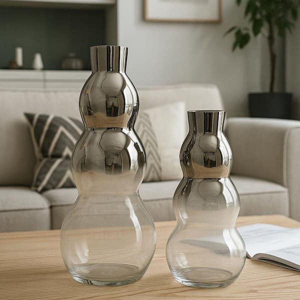 castellousa Silver 20 in. and 16 in. Decorative Bubble Glass Vase (Set of 2) CB-KG6-VS-SET-SIL-C-LG