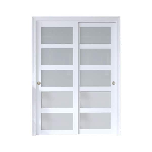 64 in. x 80 in. 5 Panel Frosted Glass White MDF Solid Core Sliding Door with Bypass Hardware Kit