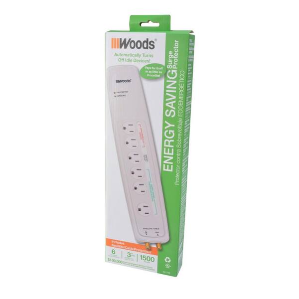 Woods 3 ft. 6-Outlet 1500-Joule Surge Protector Power Strip with Energy Saving Outlets and Right Angle Plug