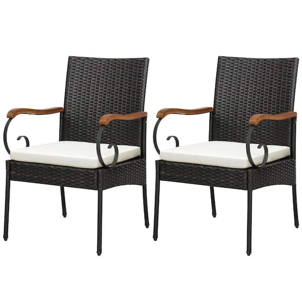 PE Wicker Outdoor Dining Chair with Off White Cushions Acacia Wood Armrests 2 Pack