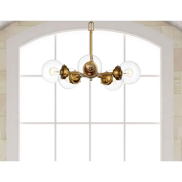 Knoll 5-Light Brushed Gold Retro Sputnik Chandelier for Dining Areas with No Bulbs Included