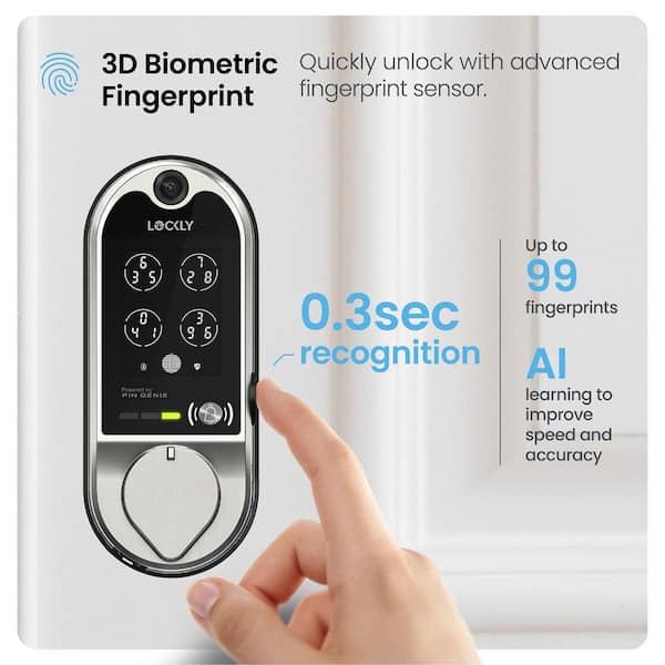 Lockly Vision Satin Nickel Deadbolt WiFi Smart Lock with Video Doorbell, Fingerprint, Keypad, App, Voice Control, 2-Way Audio