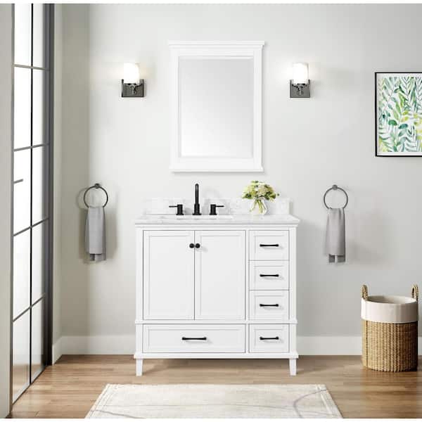 Home Decorators Collection Merryfield 37 in. W x 22 in. D x 35 in. H Bathroom Vanity in White with Carrara White Marble Top
