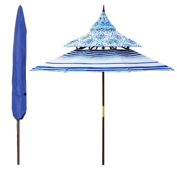 Aoodor 9 ft. Wooden Market Pull-Up System Patio Umbrella in Floral Blue White Porcelain Color
