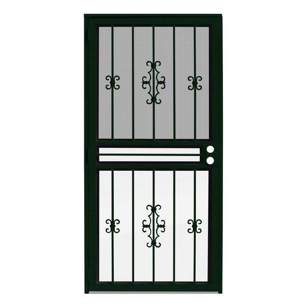 Unique Home Designs 36 in. x 80 in. Watchman Duo Forest Green Recessed Mount All Season Security Door with Insect Screen and Glass Inserts