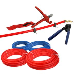 1/2 in. and 3/4 in. x 100 ft. PEX Tubing Plumbing Kit-Crimper Cutter Tools Tubing Elbow Cinch Half Clamp-1 Red 1 Blue