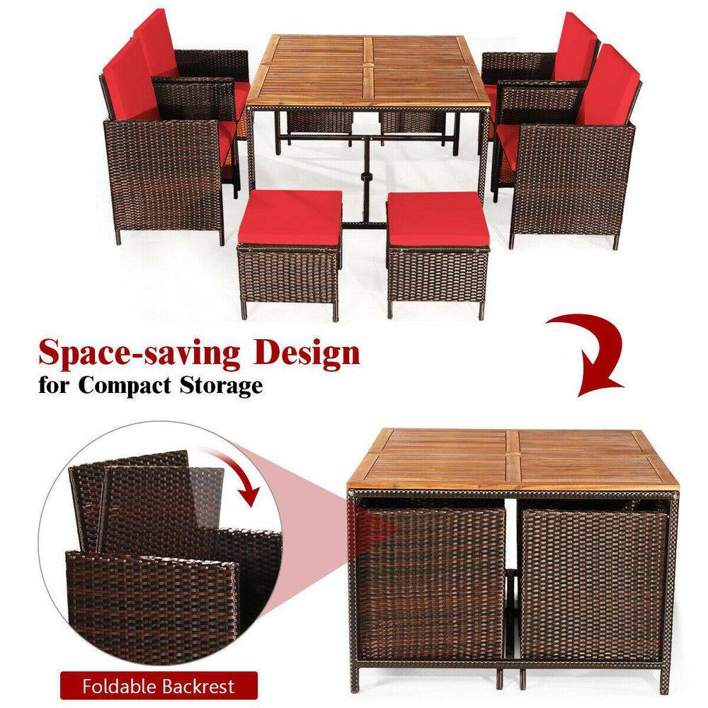 Infographic showing the space-saving foldable backrest design of the wicker dining set.