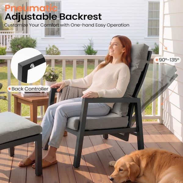 Rust-Resistant Aluminum Adjustable Outdoor Lounge Chair Set with Ottoman and 4.7 in. Cushion in Gray (2-Piece)