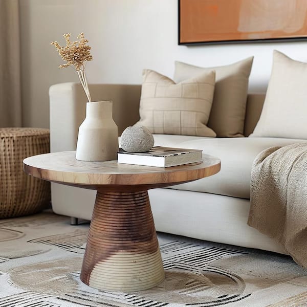 27 in. Brown Round Suar Wood Coffee Table with Ribbed Base