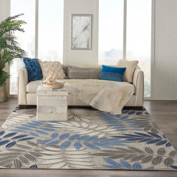 Aloha Gray/Blue 7 ft. x 10 ft. Floral Contemporary Indoor/Outdoor Patio Area Rug