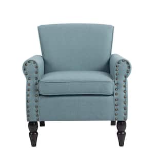 Mid-Century Retro Wooden Brown Legs Light Blue Upholstered Accent Armchair With Nailhead Trim (Set of 1)