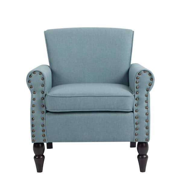 Uixe Mid-Century Retro Wooden Brown Legs Light Blue Upholstered Accent Armchair With Nailhead Trim (Set of 1)