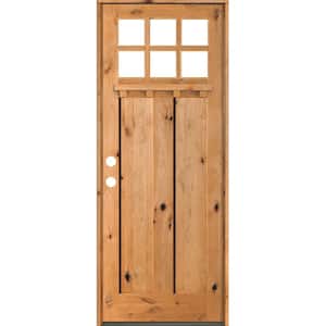 36 in. x 96 in. Craftsman Knotty Alder Clear 6-Lite Clear Stain Wood/Dentil Shelf Right Hand Single Prehung Front Door