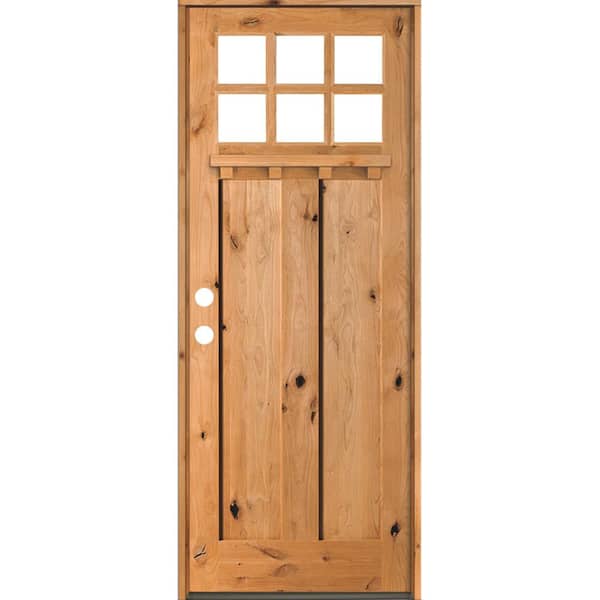 null 32 in. x 96 in. Craftsman Knotty Alder Right-Hand/Inswing 6-Lite Clear Glass Clear Stain Wood Prehung Front Door with DS