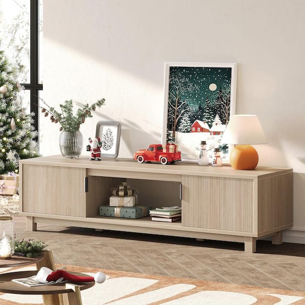 70 in. Mid-Century Modern Coastal Oak Wood TV Stand Fits TVs Up to 75 in. with 2-Reeded Doors and Open Storage Shelf