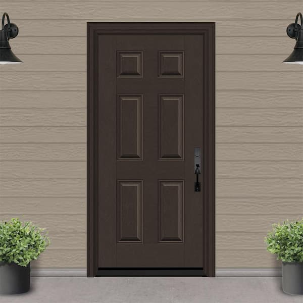 Regency 36 in. x 80 in. 6 Panel LHIS Hickory Stain Mahogany Fiberglass Prehung Front Door with 4-9/16 Jamb