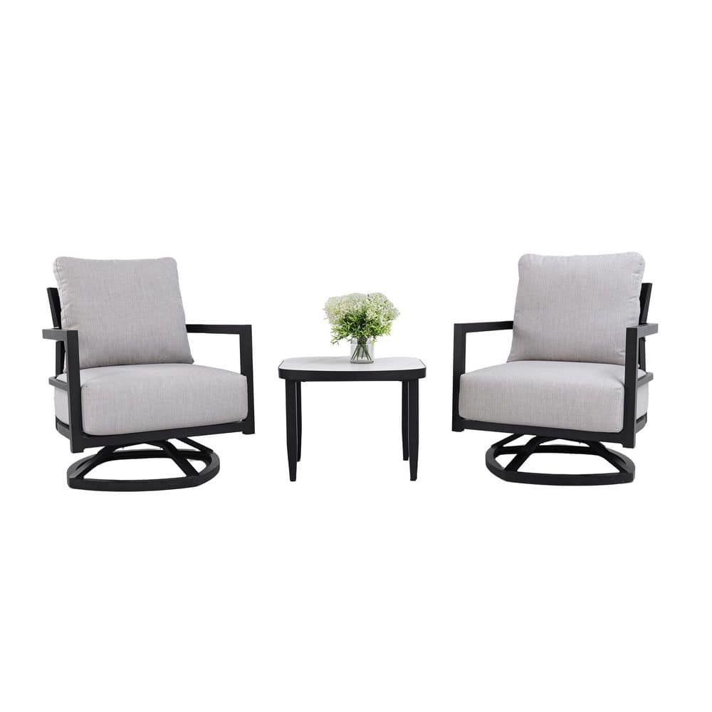 3-Piece Black Aluminum Outdoor Swivel Chair Conversation Set With Gray Sunbrella Cushions and Sintered Stone Side Table price history on PriceWatchPro